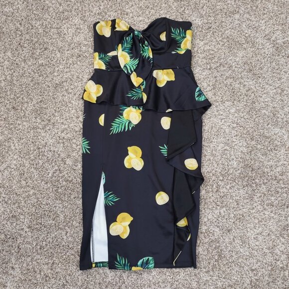 ASOS Dress Womens Size 12 Black Lemons Summer Side Slit Strapless Midi Frills - Picture 4 of 15